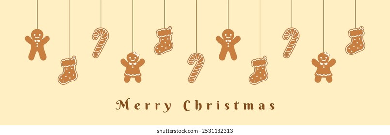 Merry Christmas Border Banner, Hanging Gingerbread Cookies Garland. Winter Holiday Season Header Decoration. Biscuits in Festive Shapes for web banner template. Vector illustration.