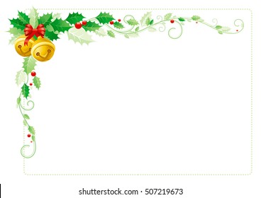 Merry Christmas border corner. Holiday decoration icons pattern, isolated on white.  Green holly berries, golden jingle bell. Festivitie placard design element, flat symbol. Vector illustration.