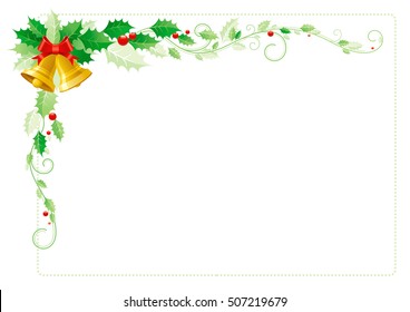 Merry Christmas border corner. Holiday decoration icons pattern, isolated on white.  Green holly berries, golden jingle bells, red ribbon. Festivitie poster design, flat symbol. Vector illustration.