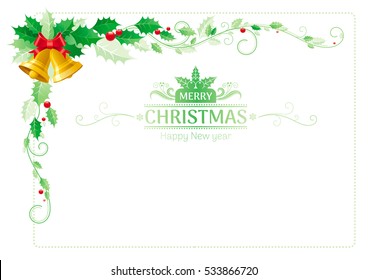 Merry Christmas border corner. Holiday decoration pattern, text lettering logo isolated on white. Green holly berries, golden jingle bells, red ribbon. Festivitie poster design. Vector illustration