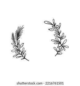 Merry Christmas border with fir branches, twigs, holly leaves and berries. Holiday circle wreath vector illustration. Nature design greeting card template. Winter xmas decoration.