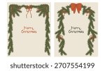 Merry Christmas border frames set with pine branches and bow ribbon. Doodle ink sketch vintage style. Flat vector illustration.