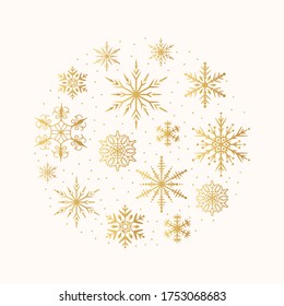 Merry Christmas border with golden snowflakes and stars. Winter holiday gold card template. Vector isolated festive frame with sparkles.