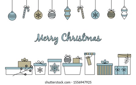 Merry Christmas border with hand drawn various decorated gift boxes in white blue and beige and hanging baubles isolated on white background. Retro vintage style vector design element for greeting