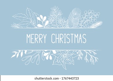 Merry Christmas border with lettering, holly, mistletoe, coniferous, pine, fir branches. Holiday banner for greeting cards. Vector isolated festive flourish background for xmas designs.