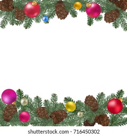 Merry Christmas border, new year decoration with pine branches, cones and xmas balls. Vector decorative elements for design greeting card, Invitation, banner or poster on white background.