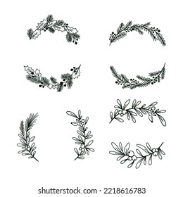 Frohe Weihnachten grenzt an Tannenfächer, Zweige, heilige Blätter und Beeren. Vektorgrafiken von Feiertagen. Grußkartenvorlage für Naturdesign. Winterweihnachtsdekoration.