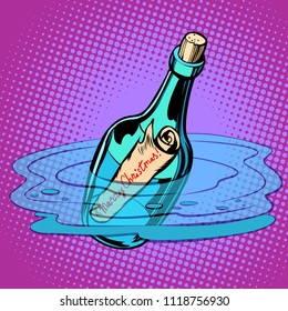 Merry Christmas bottle with note, sea. Comic cartoon pop art retro vector illustration kitsch vintage drawing