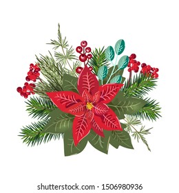 Merry Christmas bouquet invitation and Happy New Year Party greeting card and poster with place for text. Holiday design template Christmas decoration fir tree, poinsetia