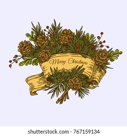 Merry Christmas. Christmas bouquet with ribbon. Color card. Engraving style. Vector illustrations.