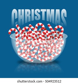 Merry Christmas. Bowl and Candy cane. peppermint Christmas Sweets on plate. Traditional treat for New Year. Mint lollipop celebratory food