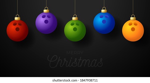 Merry Christmas Bowling greeting card. Hang on a thread Bowling ball as a Christmas ball on black horizontal background. Sport Vector illustration.