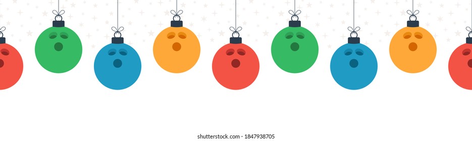 Merry Christmas bowling seamless horizontal pattern. Hang on a thread flat cartoon bowling ball as a Christmas ball on white horizontal background. Sport Vector illustration.