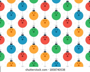 Merry Christmas bowling seamless horizontal pattern. Hang on a thread flat cartoon bowling ball as a Christmas ball on white horizontal background. Sport Vector illustration.