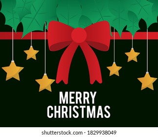 merry christmas bowtie with stars hanging design, winter season and decoration theme Vector illustration