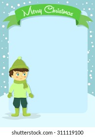 Merry Christmas Boy Banner. Christmas greeting card banner with boy wear green winter suit in winter background.
