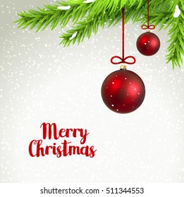 Merry Christmas branch fir with hanging christmas ball. Holiday winter background with spruce. Seasonal decoration design.