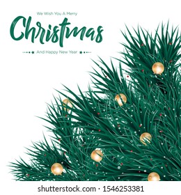 
Merry Christmas with branch and gold balls background