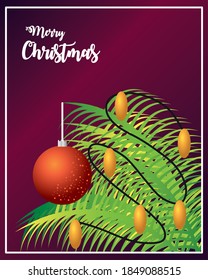 merry christmas, branch tree with ball and lights decoration vector illustration