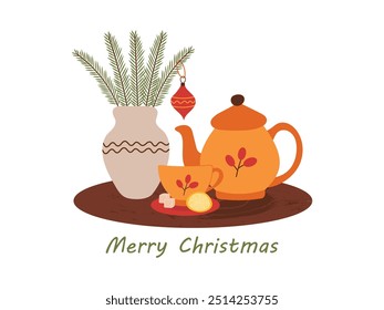 Merry Christmas. Branches of a decorated Christmas tree in a vase with a cute teapot and a cup of tea on a tray. Vector illustration for a holiday card, banner, web design