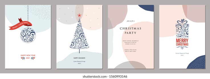 Merry Christmas and Bright Corporate Holiday cards. Modern abstract creative universal artistic templates. Vector illustration.