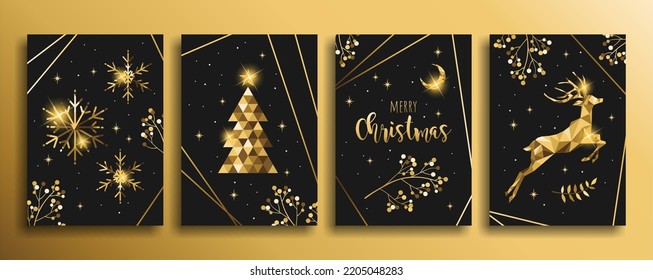 Merry Christmas and Bright Corporate Holiday cards. Modern abstract creative universal artistic gold templates. Vector illustration.