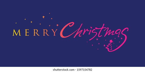 Merry Christmas. Bright horizontal inscription on dark blue background. Vector Text Background. Hand drawn inscription, calligraphic design.