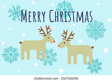Merry Christmas bright postcard with two deers and snowflake, vector illustration
