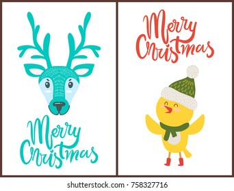 Merry Christmas bright poster with cute animals on white background. Vector illustration with polar deer and little chicken in warm scarf and hat