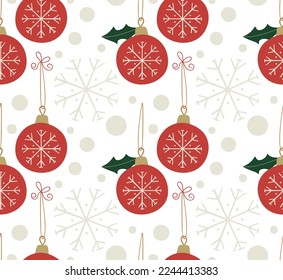 Merry Christmas! Bright seamless pattern with cute doodle elements.  Christmas tree red baubles with snowflakes, holly and dots. 