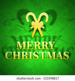 Merry Christmas bright template with gold inscription candies and bow on green icons pattern vector illustration