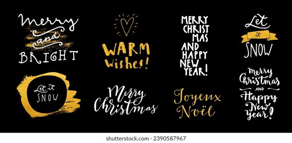 Merry Christmas, Merry and Bright, Warm Wishes vector set of hand lettered gold badges, quotes, emblems. Calligraphy card, gift tag, postcard, poster and T-shirt design Xmas golden isolated overlays