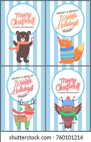 Merry Christmas and bright winter days 70s postcard with congratulations from cute animals in knitted clothes. Vector illustration on white-blue background