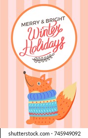 Merry Christmas and bright winter holidays, poster with smiling fox in sweater red stripes. Vector with squirrel sitting in blue knitted warm clothes