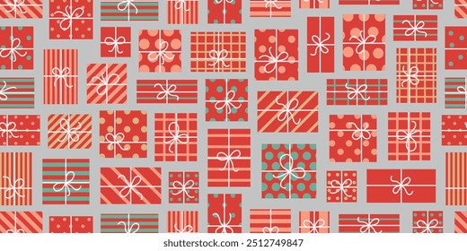 Merry Christmas bright wrapped gift boxes with riabons. Festive Santa presents vector seamless pattern.