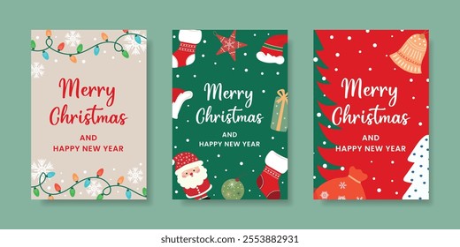 Merry Christmas brochure cover set in flat design. Poster templates with Christmas decor, holiday, socks and santa. Vector.