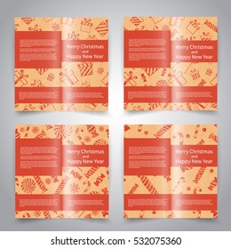 Merry Christmas brochure design templates set with retro grungy background with gift boxes, candies, lollipops, snowflakes. Merry Christmas and Happy New Year party invitation and promotion printing