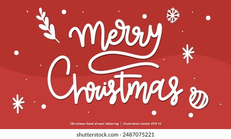 Merry Christmas brush calligraphy, Handwritten ink lettering, handwriting on red background, Flat Modern design ,Vector illustration EPS 10