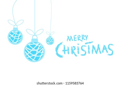 Merry Christmas brush handwritten lettering with christmas balls. Creative text with decoration isolated on white background for holiday design cards and banners. Vector illustration.