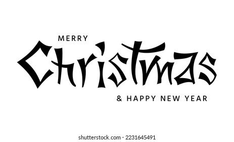 Merry Christmas brush lettering. New Year hand drawn ink pen chinese calligraphy isolated on white. Template for winter holiday greeting card, print overlay banner poster flyer Xmas postcard foil diy