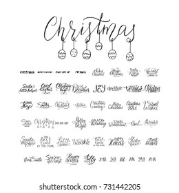Merry Christmas brush lettering typography. 50 winter vector handdrawn lettering. Happy New Year lettering set. Vector logo, emblems, text design. Usable for banners, greeting cards, gifts etc.