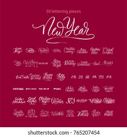 Merry Christmas brush lettering typography. 50 winter vector handdrawn lettering. Happy New Year lettering set. Vector logo, emblems, text design. Usable for banners, greeting cards, gifts etc.