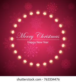 Merry christmas bulb yellow garland on the flakes background. Vector eps10