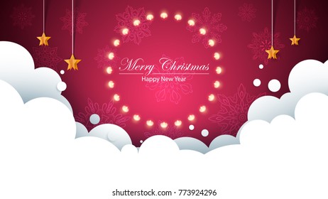 Merry christmas bulb yellow garland on the flakes background. Bulb, star, snow, cloud. Vector eps 10.