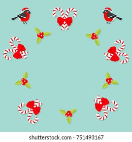 Merry Christmas Bullfinch bird. Candy Cane stick with red bow. Holly berry icon. Mistletoe. Green leaf Three red berries. Round frame. Flat design. Blue background. Vector illustration.