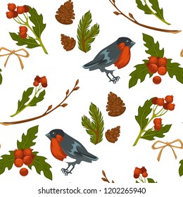 Merry Christmas bullfinch bird and mistletoe symbol seamless pattern isolated on white background vector.