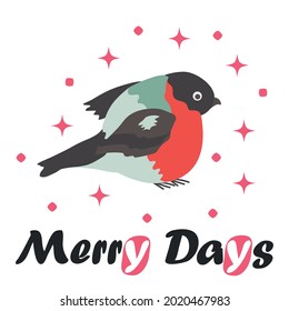 Merry Christmas Bullfinch Christmas. Christmas card with bullfinches, snowflakes, stars. Greeting card December 25 and red-breasted bird