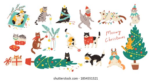 Merry Christmas! Bundle of cats celebrating winter holiday. Vector illustration of cute pets wearing costumes, climbing Christmas tree and being naughty in flat cartoon style. Elements are isolated.