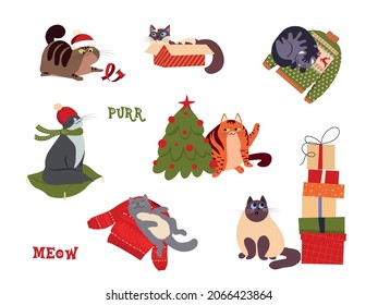 Merry Christmas! Bundle of cats celebrating winter holiday. Vector illustration of cute pets with christmas accessories like hats, sweaters, scarves in flat cartoon style. Cozy Winter holiday season