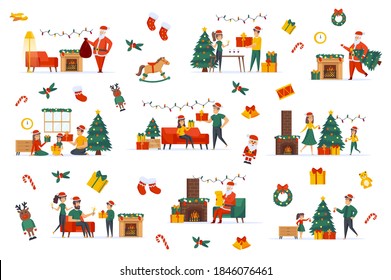 Merry Christmas bundle of flat scenes. Merry Xmas party isolated set. Decorated Christmas tree, gifts, garlands, Santa Claus and fireplace elements. Family celebration cartoon vector illustration.